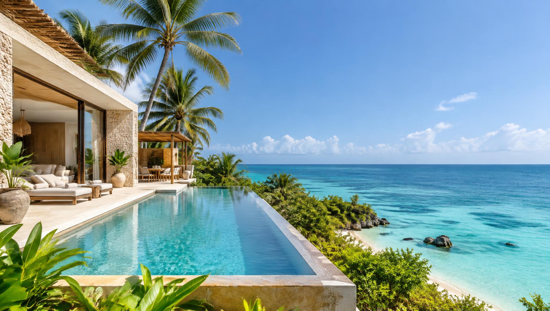 Sunlit luxury Zanzibar beachfront villa with an infinity pool and Indian Ocean view
